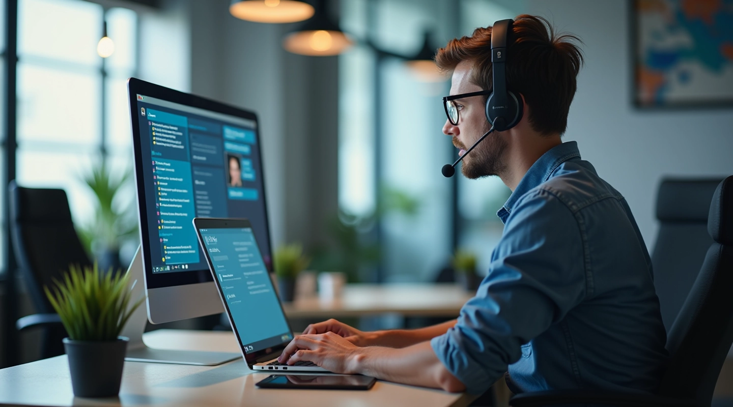Person setting up chatbot on desktop computer with configuration screens